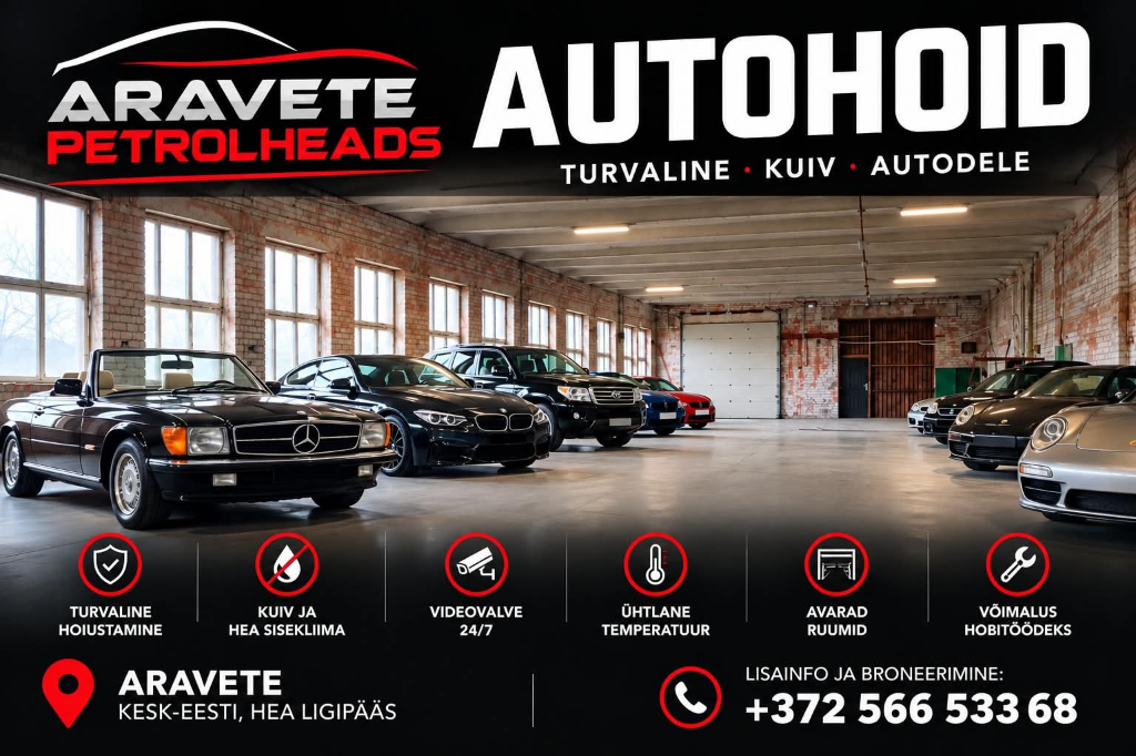Aravete Petrolheads autohoid - avar köetud garaažihall hobiautodega